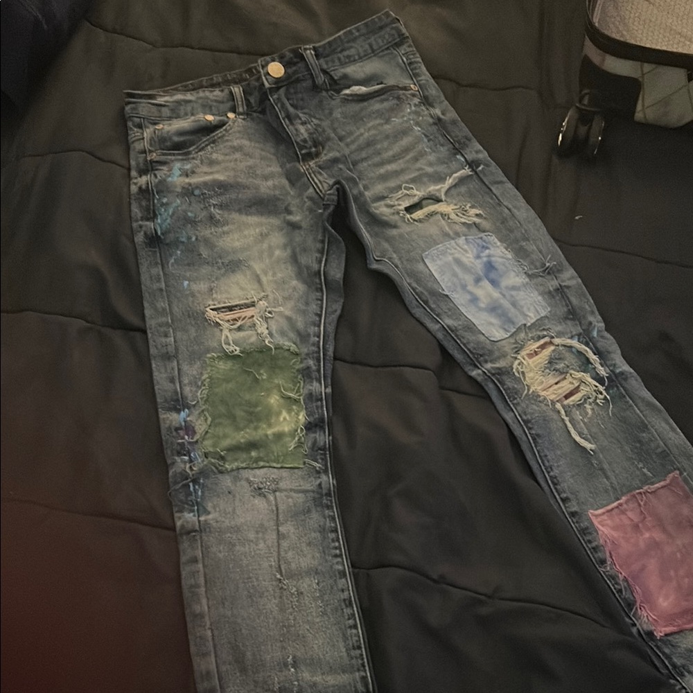 Blue and Green Skinny Jeans with Distressed Details